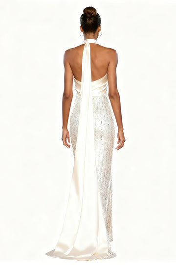 White Mermaid Halter Cut Out Sequin Evening Dress